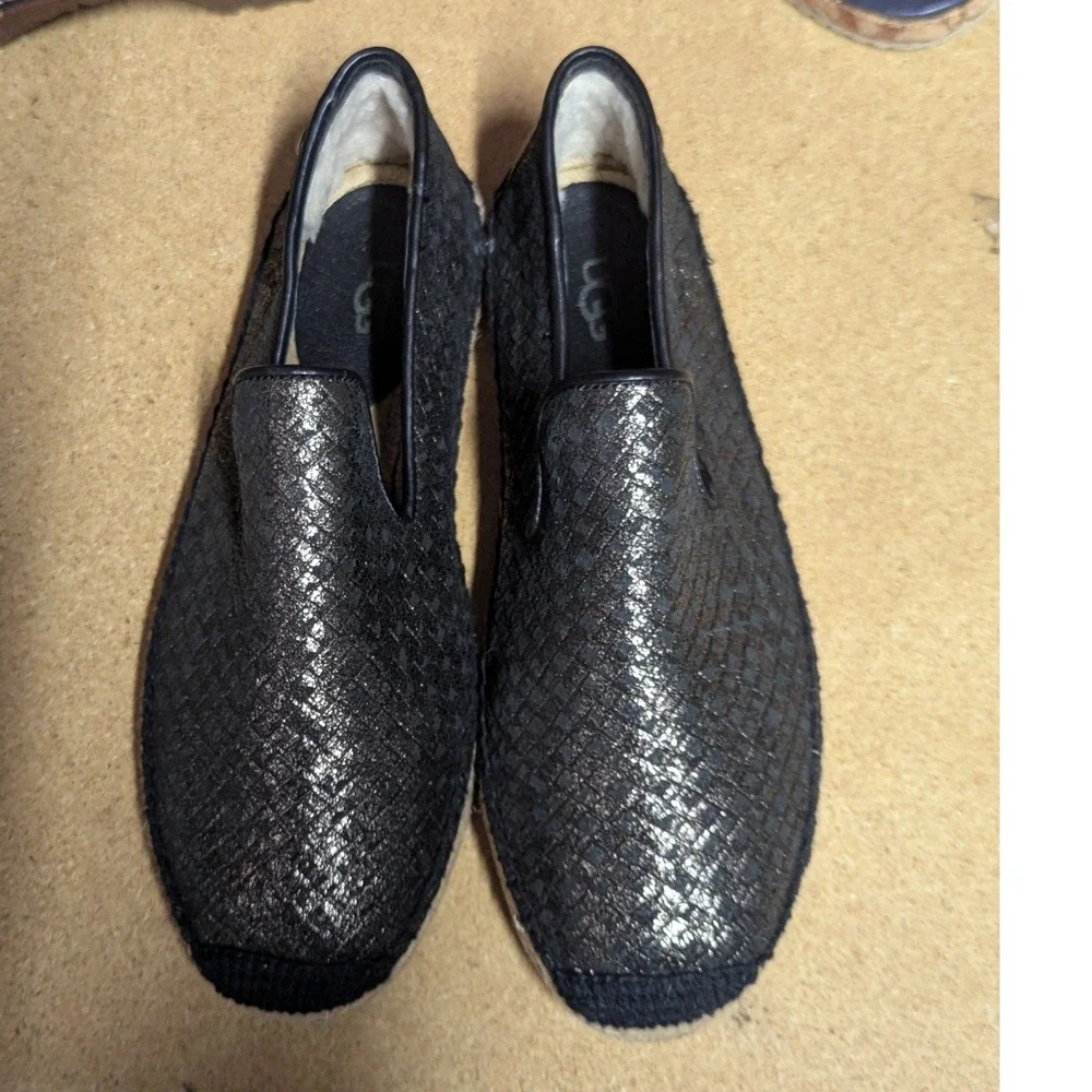 UGG Tioga Metallic Woven Leather Espadrille Loafers‎ Black Pewter 1010196 Size 6